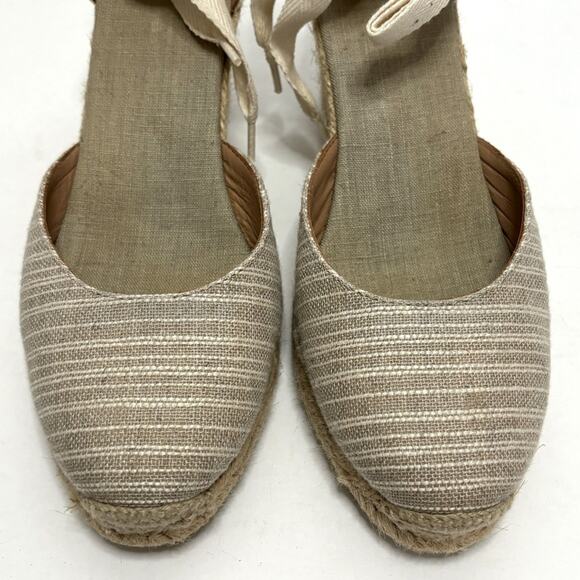 Soludos Tan White Stripe Ankle Wrap Espadrille Wedge Heels 10 - Picture 3 of 8
